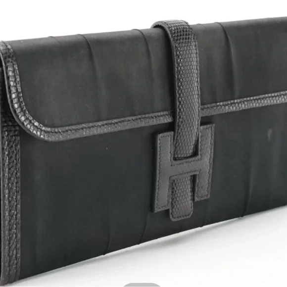Auth Rare Hermès Jige Elan 29 Clutch in Black Textile and Lizardskin Trim w/COA - Picture 2 of 7